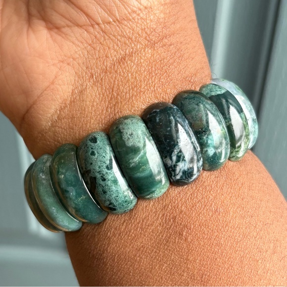 Moss Agate Stretch Bangle Crystal Bracelet 25mm - Picture 7 of 8